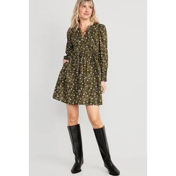 Old Navy Dresses & Skirts - Old Navy Cotton Blend Babydoll Long Sleeve Dress, Olive Floral size 2X